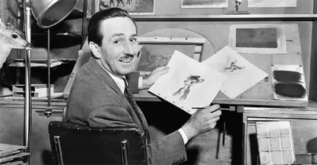 Walt Disney holding original Bambi drawing sketches at his desk classic black-and-white photo – contrast with modern woke Marvel Daredevil: Born Again on Disney+ – anti-woke review WOKE-O-METER rating & conservative Christian family-friendly verdict exposing woke Hollywood agenda on WorthItOrWoke.com