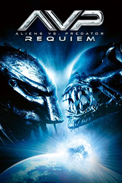 Aliens vs Predator Requiem poster: Alien xenomorph vs Predator face-off dramatic blue light Earth explosion 'Whoever wins we lose' classic 2007 sci-fi horror movie – conservative alternative to Rotten Tomatoes anti-woke WOKE-O-METER rating & Christian family-friendly verdict exposing woke Hollywood agenda on WorthItOrWoke.com