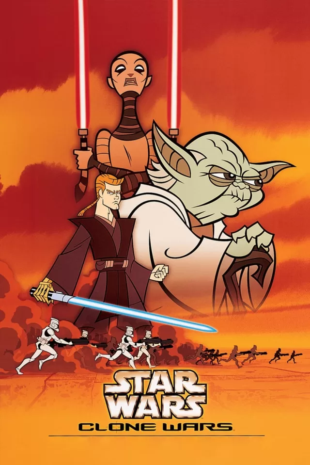 Cartoon Star Wars: Clone Wars poster with a tall alien figure holding red swords, a Jedi with a blue lightsaber, and troopers charging in an orange desert scene.