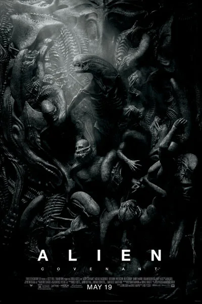 Alien Covenant poster: dark chaotic xenomorph horde attack horror scene dramatic black and white classic 2017 Ridley Scott sci-fi movie – conservative alternative to Rotten Tomatoes anti-woke WOKE-O-METER rating & Christian family-friendly verdict exposing woke Hollywood agenda on WorthItOrWoke.com