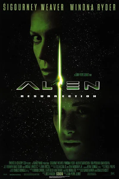 Alien Resurrection poster: Sigourney Weaver Ripley and Winona Ryder glowing green title dramatic space horror classic 1997 sci-fi movie – conservative alternative to Rotten Tomatoes anti-woke WOKE-O-METER rating & Christian family-friendly verdict exposing woke Hollywood agenda on WorthItOrWoke.com