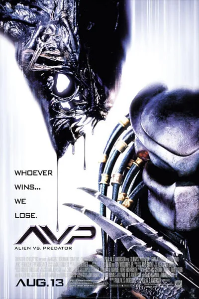 Alien vs Predator poster: Alien xenomorph vs Predator iconic battle 'Whoever wins we lose' dramatic classic 2004 sci-fi horror movie – conservative alternative to Rotten Tomatoes anti-woke WOKE-O-METER rating & Christian family-friendly verdict exposing woke Hollywood agenda on WorthItOrWoke.com