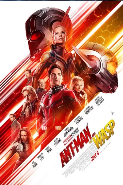 Ant-Man and the Wasp official poster: Paul Rudd Ant-Man Evangeline Lilly Wasp giant helmets red gold suits Marvel heist adventure classic 2018 – anti-woke review WOKE-O-METER rating & conservative Christian family-friendly verdict exposing woke Hollywood agenda on WorthItOrWoke.com
