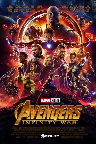 Avengers Infinity War official poster: Thanos Josh Brolin epic cosmic battle Robert Downey Jr. Iron Man Chris Evans Captain America Chris Hemsworth Thor Marvel classic 2018 – anti-woke review WOKE-O-METER rating & conservative Christian family-friendly verdict exposing woke Hollywood agenda on WorthItOrWoke.com