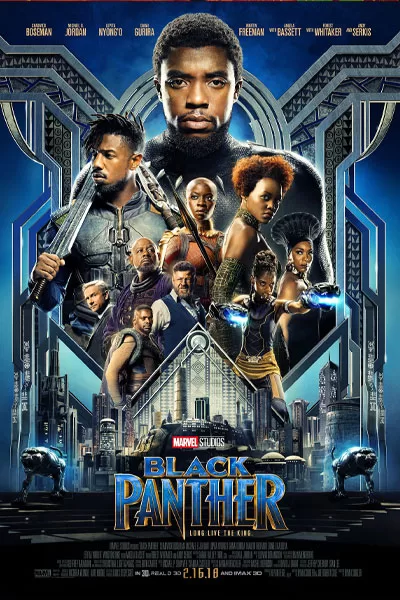 Promotional poster for Black Panther with the central hero and ensemble of Wakandan allies against a blue tech-filled city backdrop, title at bottom.