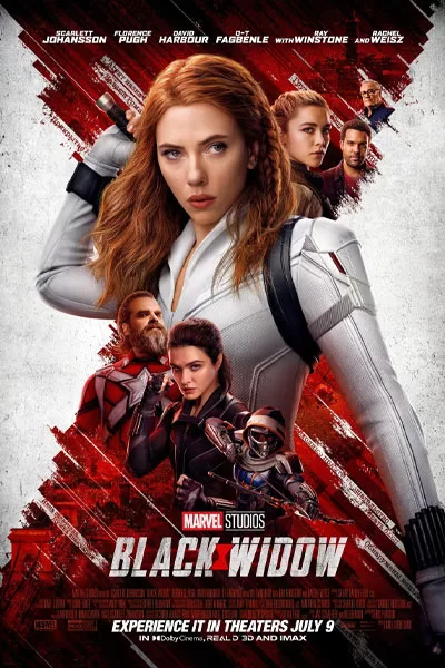 Black Widow official poster: Scarlett Johansson white suit Florence Pugh Yelena David Harbour Red Guardian family spy action Marvel Cinematic Universe 2021 – anti-woke review WOKE-O-METER rating & conservative Christian family-friendly verdict exposing woke Hollywood agenda on WorthItOrWoke.com