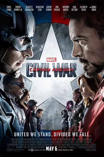 "Captain America Civil War official poster: Chris Evans Captain America vs Robert Downey Jr. Iron Man shield helmet epic confrontation Marvel classic 2016 – anti-woke review WOKE-O-METER rating & conservative Christian family-friendly verdict exposing woke Hollywood agenda on WorthItOrWoke.com