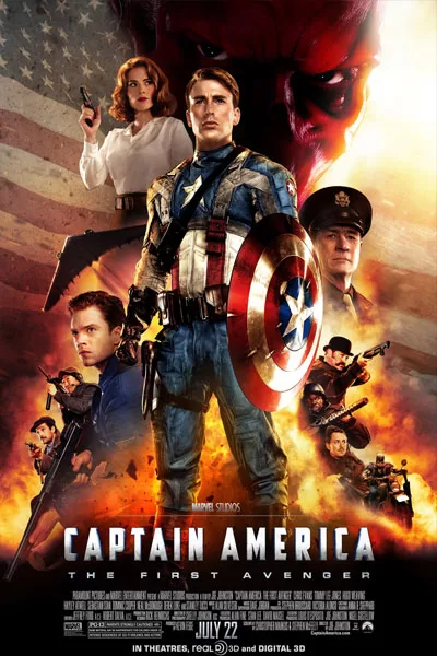 Captain America The First Avenger official poster: Chris Evans shield Peggy Carter Red Skull Tommy Lee Jones WWII patriotic Marvel classic 2011 – anti-woke review WOKE-O-METER rating & conservative Christian family-friendly verdict exposing woke Hollywood agenda on WorthItOrWoke.com