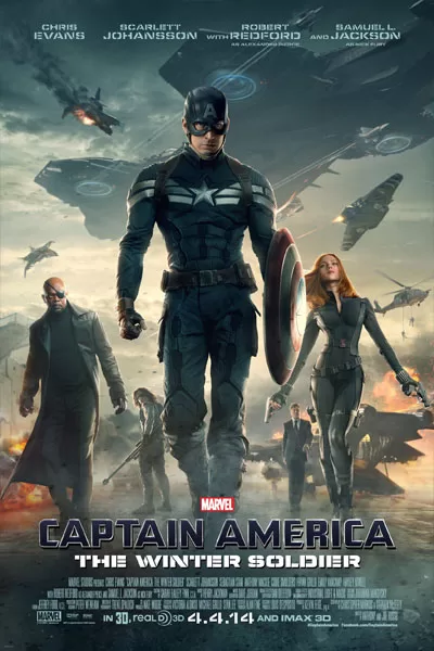 Captain America The Winter Soldier official poster: Chris Evans Captain America shield Black Widow Scarlett Johansson Nick Fury Samuel L. Jackson helicarriers epic battle Marvel classic 2014 – anti-woke review WOKE-O-METER rating & conservative Christian family-friendly verdict exposing woke Hollywood agenda on WorthItOrWoke.com