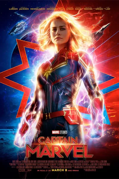 Captain Marvel official poster: Brie Larson glowing energy powers blue red suit star emblem cosmic background Marvel Cinematic Universe 2019 – anti-woke review WOKE-O-METER rating & conservative Christian family-friendly verdict exposing woke Hollywood agenda on WorthItOrWoke.com