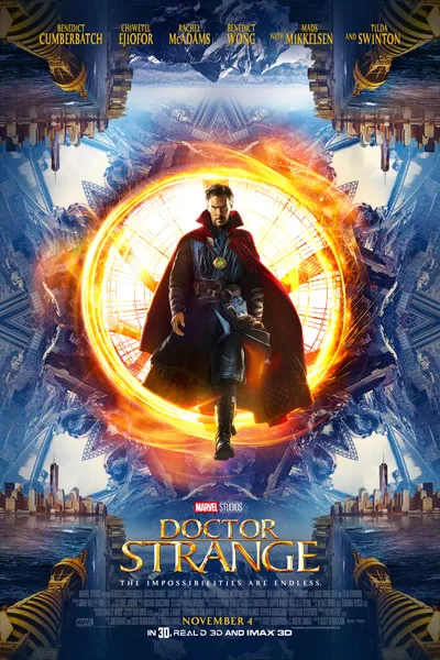 Doctor Strange official poster: Benedict Cumberbatch floating glowing orange portal mystic cloak Marvel classic 2016 Chiwetel Ejiofor Rachel McAdams Mads Mikkelsen – anti-woke review WOKE-O-METER rating & conservative Christian family-friendly verdict exposing woke Hollywood agenda on WorthItOrWoke.com