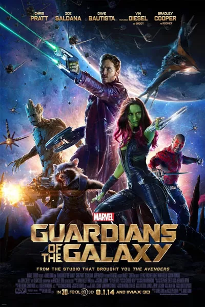 Guardians of the Galaxy official poster: Chris Pratt Star-Lord shooting blaster Zoe Saldana Gamora Rocket Raccoon Groot Drax epic space battle Marvel classic 2014 – anti-woke review WOKE-O-METER rating & conservative Christian family-friendly verdict exposing woke Hollywood agenda on WorthItOrWoke.com