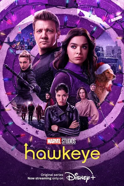 Hawkeye Disney+ official poster: Jeremy Renner Clint Barton Hailee Steinfeld Kate Bishop purple Christmas lights New York Marvel Cinematic Universe 2021 – anti-woke review WOKE-O-METER rating & conservative Christian family-friendly verdict exposing woke Hollywood agenda on WorthItOrWoke.com