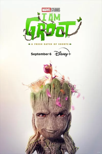 I Am Groot official poster: Baby Groot cute head with bird nest petals Disney+ MCU animated shorts series 2022 – anti-woke review WOKE-O-METER rating & conservative Christian family-friendly verdict exposing woke Hollywood agenda on WorthItOrWoke.com