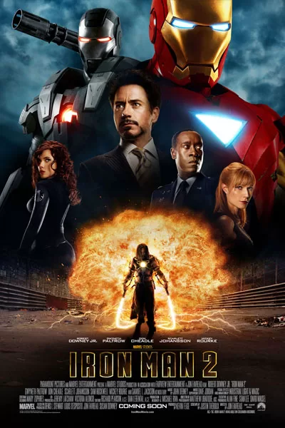 Iron Man 2 official poster: Robert Downey Jr. Iron Man War Machine Don Cheadle Black Widow Scarlett Johansson Nick Fury Samuel L. Jackson epic explosion Marvel classic 2010 – anti-woke review WOKE-O-METER rating & conservative Christian family-friendly verdict exposing woke Hollywood agenda on WorthItOrWoke.com