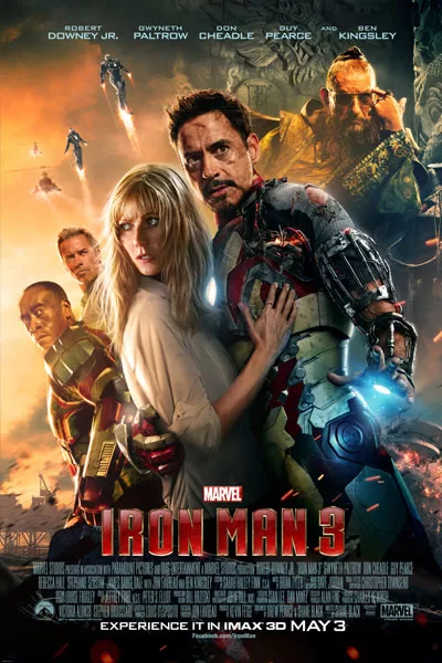 Iron Man 3 official poster: Robert Downey Jr. Iron Man Gwyneth Paltrow Pepper Potts Don Cheadle War Machine Guy Pearce Ben Kingsley explosion Marvel classic 2013 – anti-woke review WOKE-O-METER rating & conservative Christian family-friendly verdict exposing woke Hollywood agenda on WorthItOrWoke.com