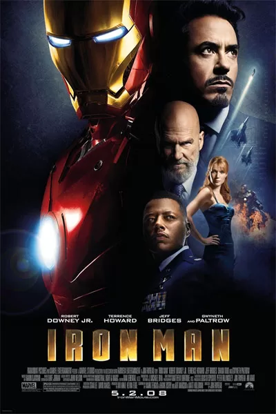 Iron Man movie poster with Iron Man’s helmet left and cast portraits on the right; title IRON MAN and release date 5.2.08 at bottom.