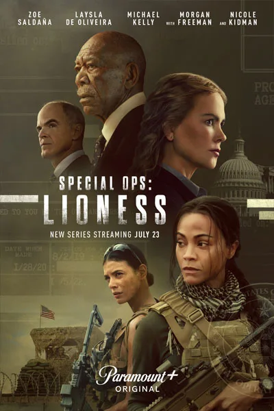 Special Ops: Lioness poster featuring Zoe Saldaña, Nicole Kidman, Morgan Freeman, and Laysla De Oliveira in Paramount+ military thriller series — full anti-woke review, parent guide, audience score, critic consensus, and streaming analysis at Worth it or Woke. Find out if Lioness is worth watching or too woke for conservative viewers and families.