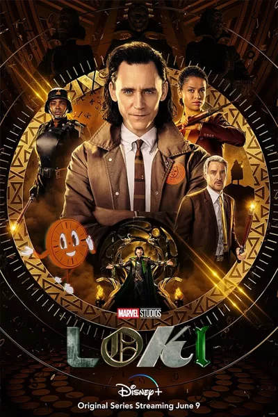 Loki Season 1 official poster: Tom Hiddleston Loki TVA time clock ensemble Owen Wilson Mobius Sylvie Disney+ MCU series 2021 – anti-woke review WOKE-O-METER rating & conservative Christian family-friendly verdict exposing woke Hollywood agenda on WorthItOrWoke.com