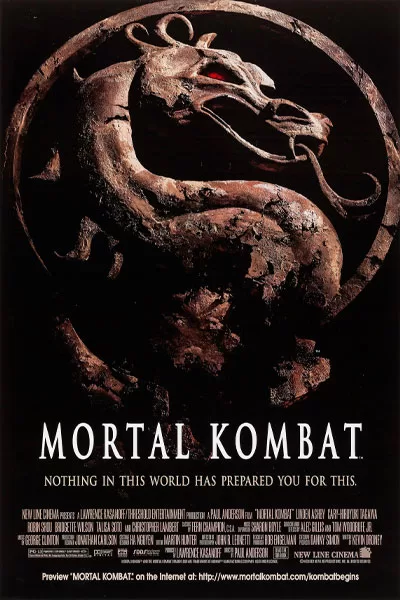 Mortal Kombat 1995 official poster: iconic dragon logo red eyes classic video game movie adaptation Paul Anderson fighting tournament – anti-woke review WOKE-O-METER rating & conservative Christian family-friendly verdict exposing woke Hollywood agenda on WorthItOrWoke.com