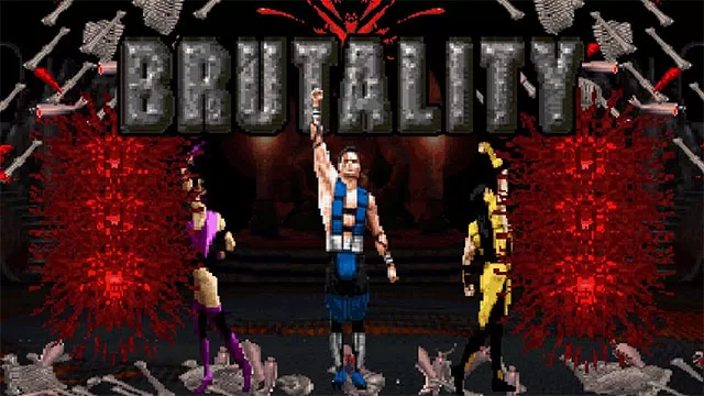 Mortal Kombat 1996 Brutality screen pixel art retro video game fatality gore blood explosion classic arcade fighting game – anti-woke review WOKE-O-METER rating & conservative Christian family-friendly verdict exposing woke Hollywood agenda on WorthItOrWoke.com