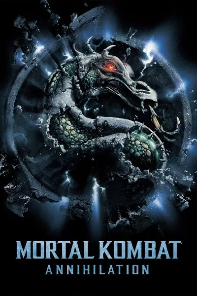 Mortal Kombat Annihilation official poster: massive dragon serpent glowing red eye dramatic destruction classic 1997 video game sequel movie adaptation – anti-woke review WOKE-O-METER rating & conservative Christian family-friendly verdict exposing woke Hollywood agenda on WorthItOrWoke.com