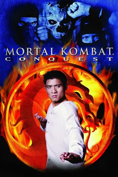 Mortal Kombat Conquest poster: warrior in white fiery dragon circle skull masked ninjas classic 1998 TV series video game spin-off – anti-woke review WOKE-O-METER rating & conservative Christian family-friendly verdict exposing woke Hollywood agenda on WorthItOrWoke.com