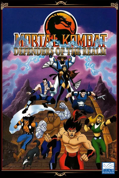 Mortal Kombat Defenders of the Realm poster: animated warriors dragon logo lightning purple sky classic 1996 TV series video game adaptation – anti-woke review WOKE-O-METER rating & conservative Christian family-friendly verdict exposing woke Hollywood agenda on WorthItOrWoke.com