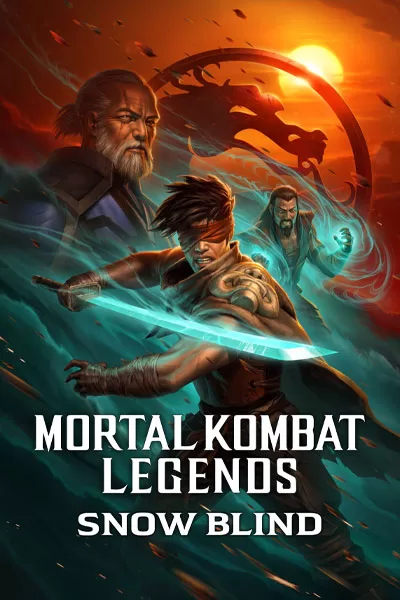 Mortal Kombat Legends Snow Blind official poster: Kenshi blindfold glowing sword Sub-Zero bearded warrior icy epic battle dragon logo classic animated video game adaptation 2022 – anti-woke review WOKE-O-METER rating & conservative Christian family-friendly verdict exposing woke Hollywood agenda on WorthItOrWoke.com