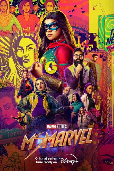 Ms. Marvel official poster: Iman Vellani Kamala Khan colorful superhero suit Pakistani heritage family ensemble Disney+ MCU series 2022 – anti-woke review WOKE-O-METER rating & conservative Christian family-friendly verdict exposing woke Hollywood agenda on WorthItOrWoke.com