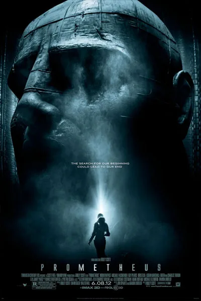 Prometheus poster: giant Engineer head with light beam silhouette tiny figure 'The search for our beginning could lead to our end' iconic 2012 Ridley Scott sci-fi movie – conservative alternative to Rotten Tomatoes anti-woke WOKE-O-METER rating & Christian family-friendly verdict exposing woke Hollywood agenda on WorthItOrWoke.com