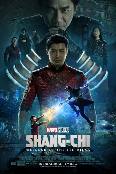 Shang-Chi and the Legend of the Ten Rings official poster: Simu Liu red dragon suit Tony Leung Wenwu ten rings Marvel Cinematic Universe 2021 – anti-woke review WOKE-O-METER rating & conservative Christian family-friendly verdict exposing woke Hollywood agenda on WorthItOrWoke.com