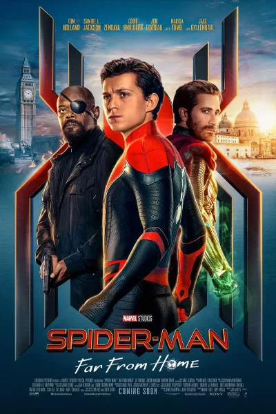 Spider-Man Far From Home official poster: Tom Holland red black suit Nick Fury Samuel L. Jackson Mysterio Jake Gyllenhaal London landmarks Marvel Cinematic Universe 2019 – anti-woke review WOKE-O-METER rating & conservative Christian family-friendly verdict exposing woke Hollywood agenda on WorthItOrWoke.com