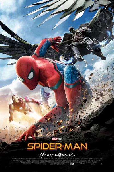 Spider-Man Homecoming official poster: Tom Holland Spider-Man leaping Vulture Michael Keaton wings Iron Man Robert Downey Jr. epic action Marvel classic 2017 – anti-woke review WOKE-O-METER rating & conservative Christian family-friendly verdict exposing woke Hollywood agenda on WorthItOrWoke.com