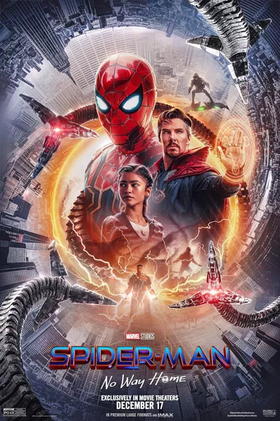 Spider-Man No Way Home official poster: Tom Holland Spider-Man Doctor Strange Zendaya MJ multiverse portals tentacles Marvel Cinematic Universe 2021 – anti-woke review WOKE-O-METER rating & conservative Christian family-friendly verdict exposing woke Hollywood agenda on WorthItOrWoke.com