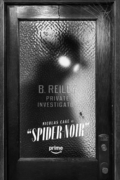 Door with frosted glass displaying a noir detective poster: 'B. Reilly Private Investigator' and 'Nicolas Cage is Spider-Noir' with a small Prime logo nearby.