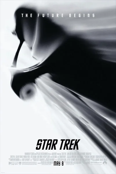 Star Trek 2009 poster: sleek Enterprise ship dramatic motion blur 'The Future Begins' iconic reboot classic 2009 sci-fi movie – conservative alternative to Rotten Tomatoes anti-woke WOKE-O-METER rating & Christian family-friendly verdict exposing woke Hollywood agenda on WorthItOrWoke.com