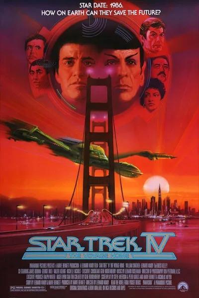 Poster for Star Trek IV: The Voyage Home showing the Golden Gate Bridge, a green warp-capable ship, and the faces of the crew against a red-orange sunset.