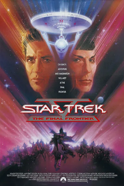 Star Trek V The Final Frontier poster: William Shatner Captain Kirk Leonard Nimoy Spock dramatic faces Enterprise spaceship cosmic adventure mystical horseback figure classic 1989 sci-fi movie – anti-woke review WOKE-O-METER rating & conservative Christian family-friendly verdict exposing woke Hollywood agenda on WorthItOrWoke.com