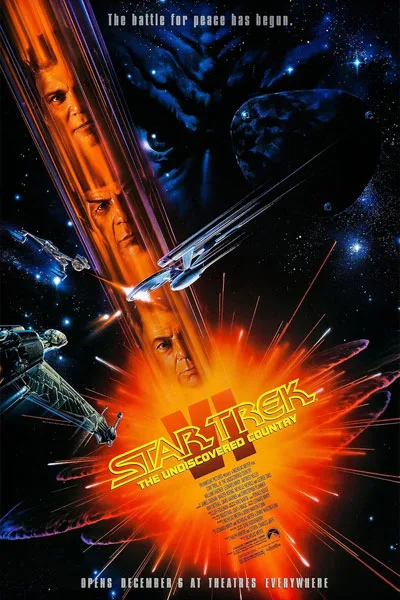 Star Trek VI The Undiscovered Country poster: William Shatner Captain Kirk Leonard Nimoy Spock dramatic faces Enterprise Klingon ships space explosion classic 1991 sci-fi movie – anti-woke review WOKE-O-METER rating & conservative Christian family-friendly verdict exposing woke Hollywood agenda on WorthItOrWoke.com