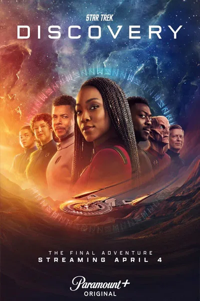 Star Trek Discovery poster: Sonequa Martin-Green Michael Burnham full cast ensemble starship dramatic space adventure final season Paramount+ classic sci-fi series – conservative alternative to Rotten Tomatoes anti-woke WOKE-O-METER rating & Christian family-friendly verdict exposing woke Hollywood agenda on WorthItOrWoke.com