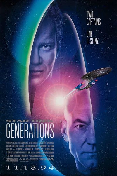 Star Trek Generations poster: Patrick Stewart Picard William Shatner Kirk two captains Enterprise spaceship dramatic space classic 1994 sci-fi movie – anti-woke review WOKE-O-METER rating & conservative Christian family-friendly verdict exposing woke Hollywood agenda on WorthItOrWoke.com