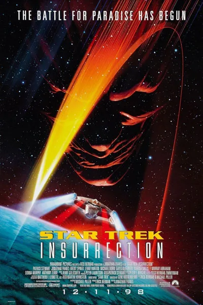 Star Trek Insurrection poster: Enterprise starship dramatic space battle planet paradise classic 1998 sci-fi movie Patrick Stewart Picard – conservative alternative to Rotten Tomatoes anti-woke WOKE-O-METER rating & Christian family-friendly verdict exposing woke Hollywood agenda on WorthItOrWoke.com