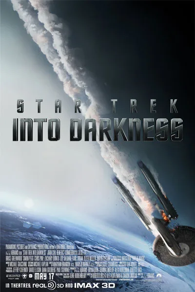 Star Trek Into Darkness poster: Enterprise starship dramatic smoke plume space battle 'Into Darkness' iconic reboot classic 2013 sci-fi movie – conservative alternative to Rotten Tomatoes anti-woke WOKE-O-METER rating & Christian family-friendly verdict exposing woke Hollywood agenda on WorthItOrWoke.com