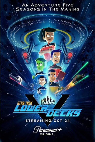 Star Trek Lower Decks poster: full animated cast ensemble Season 5 Starfleet officers Cerritos crew spaceship adventure comedy Paramount+ original series – conservative alternative to Rotten Tomatoes anti-woke WOKE-O-METER rating & Christian family-friendly verdict exposing woke Hollywood agenda on WorthItOrWoke.com