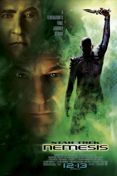 Star Trek Nemesis poster: Patrick Stewart Picard Tom Hardy Shinzon final journey dramatic green glow classic 2002 sci-fi movie – conservative alternative to Rotten Tomatoes anti-woke WOKE-O-METER rating & Christian family-friendly verdict exposing woke Hollywood agenda on WorthItOrWoke.com