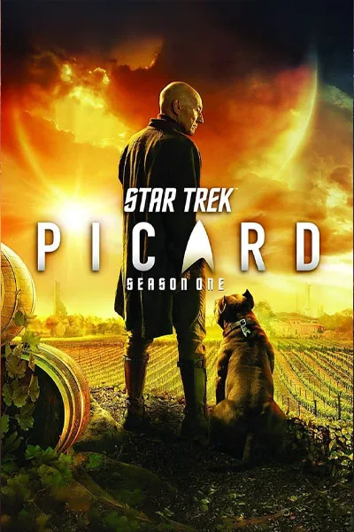 Star Trek Picard Season 1 poster: Patrick Stewart Jean-Luc Picard from behind with dog vineyard sunset dramatic sky 'The Future Begins' classic 2020 sci-fi series – conservative alternative to Rotten Tomatoes anti-woke WOKE-O-METER rating & Christian family-friendly verdict exposing woke Hollywood agenda on WorthItOrWoke.com