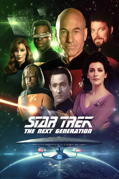 Star Trek The Next Generation poster: Patrick Stewart Picard Brent Spiner Data Michael Dorn Worf Jonathan Frakes Riker Gates McFadden Beverly Crusher Marina Sirtis Troi Enterprise in space classic 1987 sci-fi series – anti-woke review WOKE-O-METER rating & conservative Christian family-friendly verdict exposing woke Hollywood agenda on WorthItOrWoke.com
