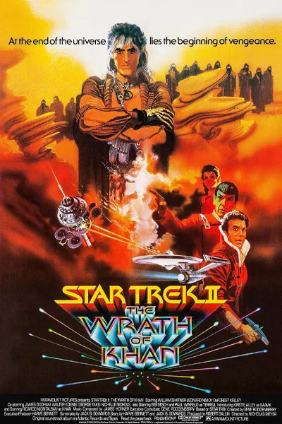Star Trek II The Wrath of Khan official poster: Ricardo Montalbán Khan intense arms crossed William Shatner Captain Kirk Leonard Nimoy Spock classic 1982 sci-fi movie – anti-woke review WOKE-O-METER rating & conservative Christian family-friendly verdict exposing woke Hollywood agenda on WorthItOrWoke.com