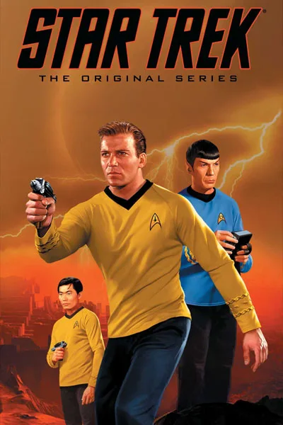 Star Trek The Original Series official poster: William Shatner Captain Kirk phaser Leonard Nimoy Spock George Takei Sulu classic 1960s sci-fi TV series – anti-woke review WOKE-O-METER rating & conservative Christian family-friendly verdict exposing woke Hollywood agenda on WorthItOrWoke.com